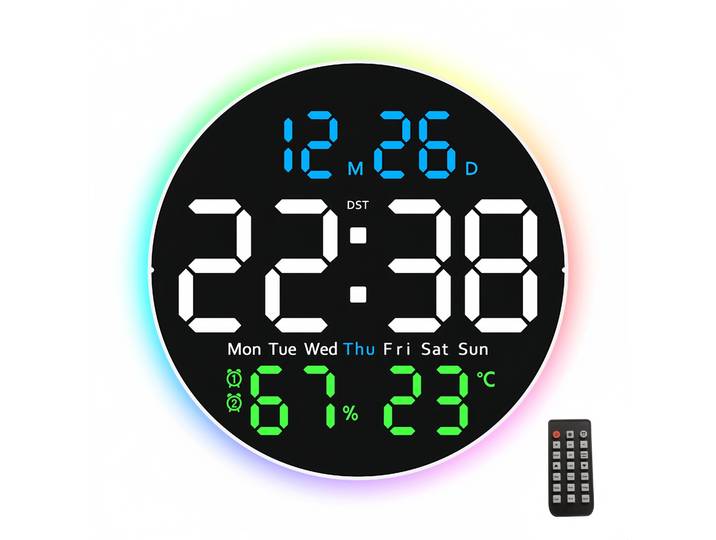 Horloge murale circulaire de 10 pouces avec télécommande, lumière ambiante, horloge numérique LED avec alarme, thermomètre, hygromètre, minuterie, date
