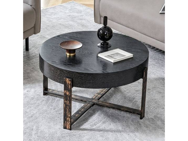 Table Basse Ronde - BELLEMAVE -Pieds Croisés en Métal - Plateau MDF épaissi - Table de Salon - 68×68×39 cm - Noir