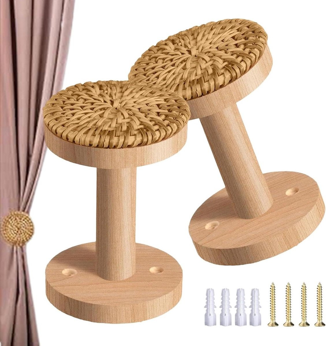 Set van 2 handgeweven boho stijl gordijnbanden voor wandmontage in houtkleur