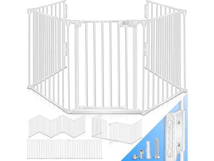 KESSER® Kaminschutzgitter mit Tür 600 cm Metall Ofenschutzgitter Laufgitter Laufstall Absperrgitter Tierschutzgitter Türschutzgitter für Kinder-Sicherung, 10-teilig Elemente (je 60 x 75 cm) Weiß