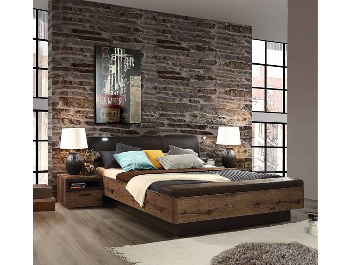 Bettgestell mit Klappe 180 x 200cm Kopfteil & Klappe: Kunstleder Rahmen: Spanplatte, foliert Schwarz/Braun Eiche