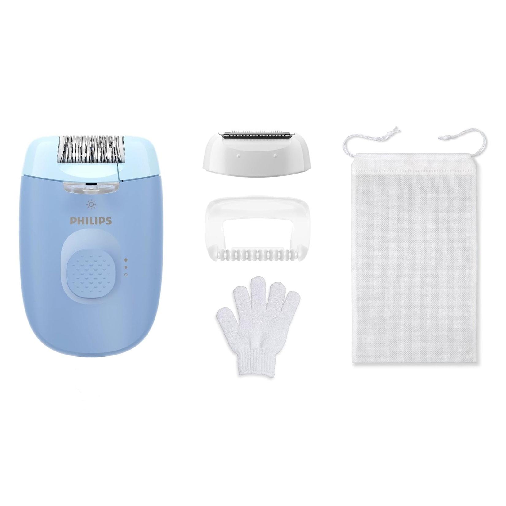 Philips BRE247/00 Series 4000 Epilierer (Netzbetrieb, für Körper und empfindliche Bereiche, perfektes Starterset, LED-Beleuchtung, epilieren, rasieren und peelen, 2 Geschwindigkeitsstufen, Anti-Rutsch-Griff, Massageaufsatz, Scherkopf mit Kamm, Körperpeelin