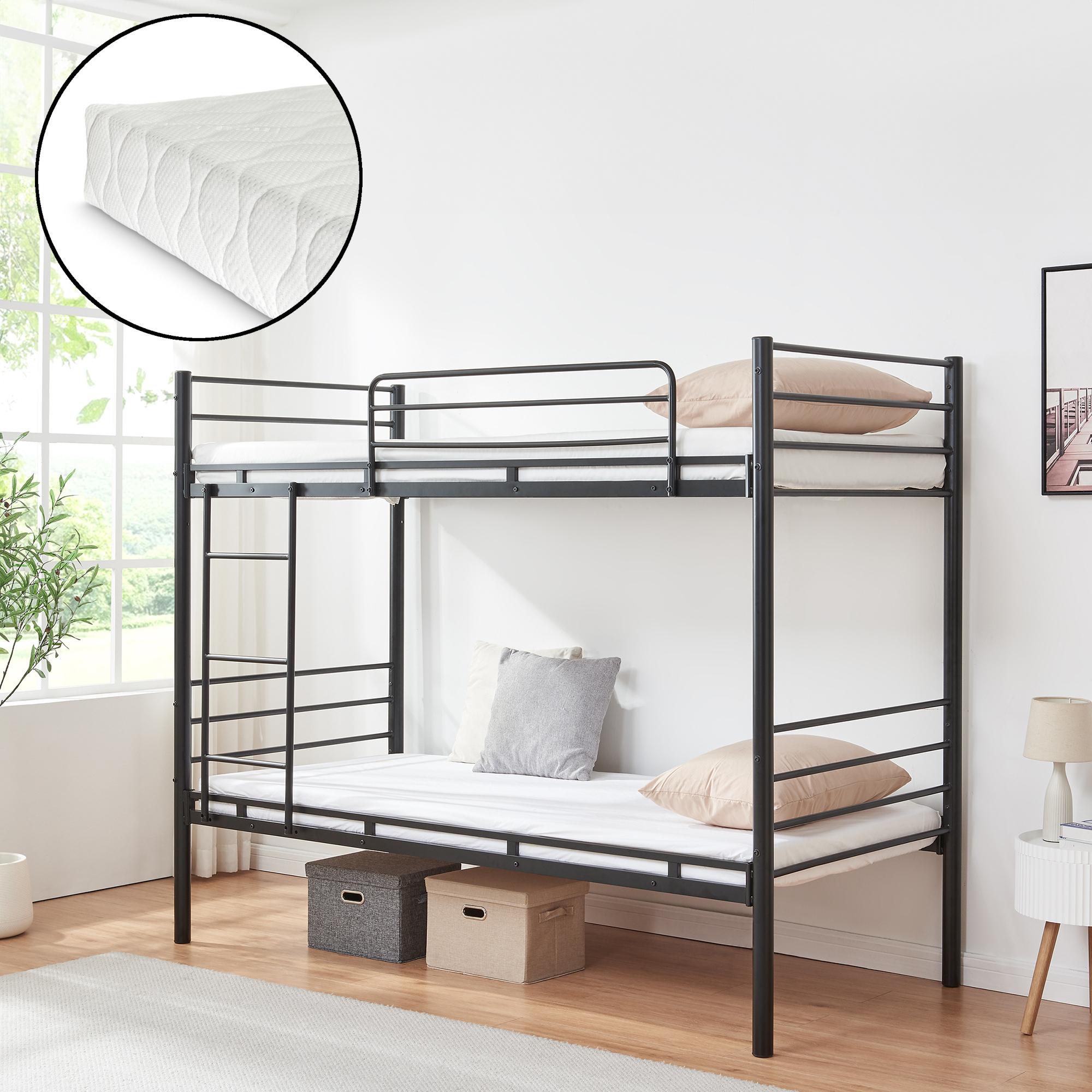 Metall Etagenbett 'Bevapis' Hochbett mit 2 Matratzen Rausfallschutz und Leiter 90 x 200 cm Schwarz