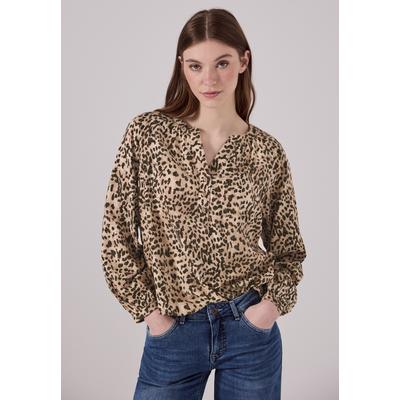 Langarmbluse STREET ONE STUDIO, Damen, Gr. 36, braun (creamy braun), Stoff, 100% Viskose, bedruckt, gerade normal, Rundhals, Bündchen, Blusen, mit dekorativer Knopfleiste