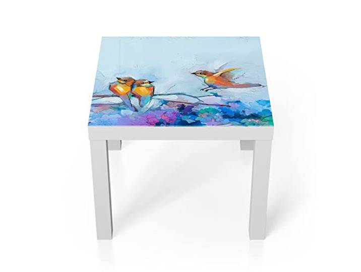 DEQORI Glastisch weiß klein 55x55 cm Motiv Vier Vögel auf Ast ausgefallener Beistelltisch aus Glas Hochglanz Couchtisch fürs Wohnzimmer moderner Couch Tisch mit Design