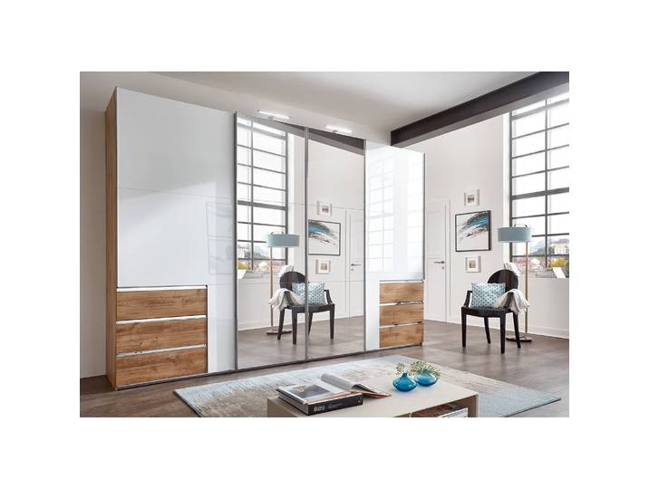 Schwebetürenschrank Level 36 D IV 350 x 236cm Weiß/Hochglanz Weiß/Eiche Dekor