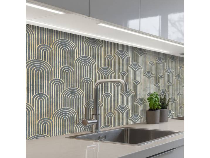 Crédence Décorative de Cuisine - Décoration Murale - Motif Noeud - Or - Bleu 250x80 cm - KitchenYeah