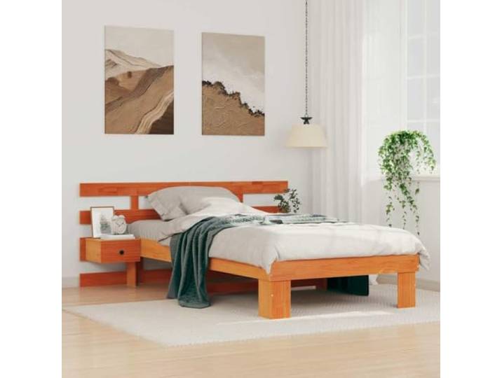 Massives Kiefernholz Plattformbett Modernes Design 90 x 200 cm Braun Bettrahmen Wachsbraun 90x200 cm Massives Kiefernholz Plattformbett Einzelbett Lattenrost Stabil