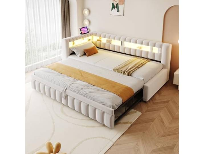 Merax Polsterbett Ausziehbares Schlafsofa 90x200 cm mit LED-Beleuchtung, USB-Ladeanschluss, Samtstoff, Streifenmuster –Beige (Ohne Matratze)