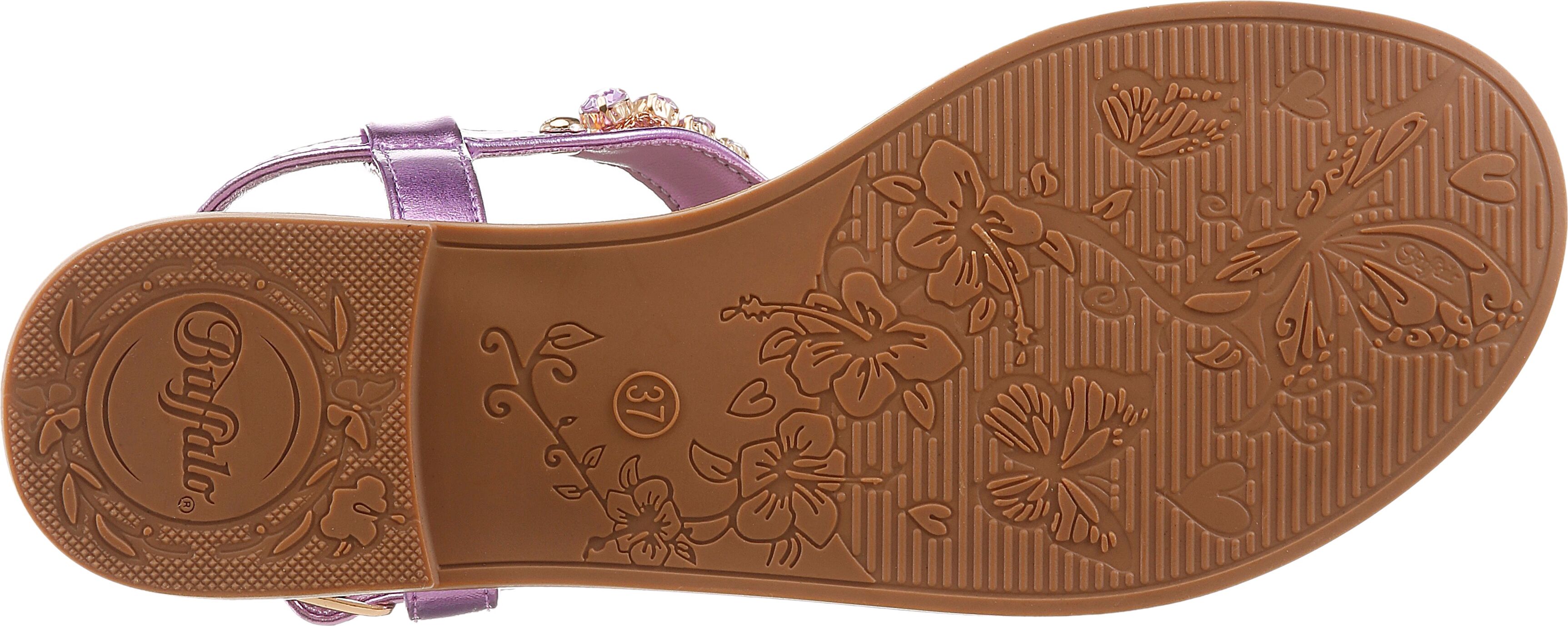 Riemchensandale BUFFALO, Damen, Gr. 38, Synthetik, lila (flieder, gold), Lederimitat, glänzend, metallic, Schuhe Riemchensandale, Sommerschuh, Zehentrenner mit funkelnden Schmucksteinen besetzt flieder, gold 38, Synthetik