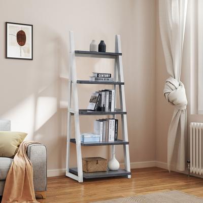 GDFStudio - Modern 5-Tier Ladder Bookshelf with Solid Rubber Wood Frame and MDF Shelves