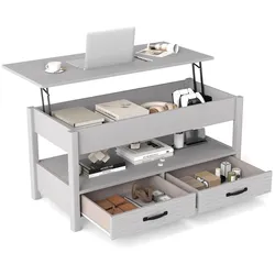 COSTWAY Höhenverstellbarer Tisch, mit offenem Fach & 2 Schubladen, Platte 50-63,5cm, Holz grau.