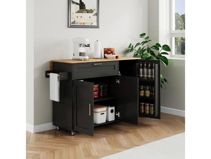 Desserte Cuisine Grande table de cuisine mobile 132 5x44-70x90cm plan pliable chêne armoire multifonction 5 roulettes