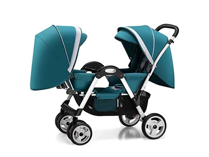 Tandem-Doppelkinderwagen for Zwillinge – gemütlicher kompakter Zwillingskinderwagen, Doppelkinderwagen mit Tandemsitzen, übergroßem Baldachin, Tandem-Regenschirm-Kinderwagen for Mädchen und Jungen ( C