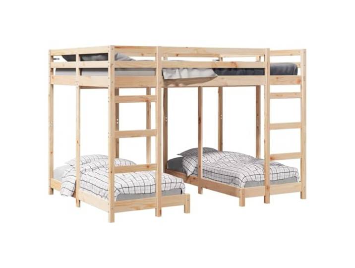 HMDNGOUT Dreistöckiges Etagenbett aus massivem Kiefernholz, 140 x 200 cm, mit Zwei Leitern und Schutzgeländern, braun