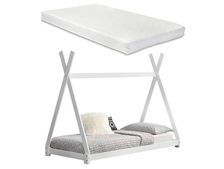 [en.casa] Kinderbett Onejda mit Matratze 90x200cm Weiß Tipi Design Kiefernholz Bett Holzbett Hausbett Kaltschaummatratze Öko-Tex Standard 100 Allergikergeeignet Atmungsaktiv