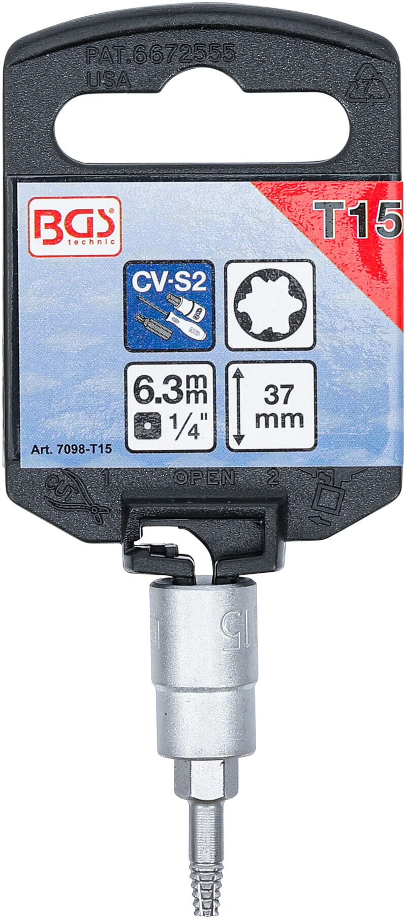 BGS Schraubenausdreher-Bit-Einsatz 7098-T15, Antrieb Innenvierkant 6,3 mm (1/4"), für defektes T-Profil (für TX) T15 ; BGS technic)