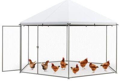 Costway 13FT Large Metal Hexagonal Chicken Coop with Wire Mesh and Lockable Door