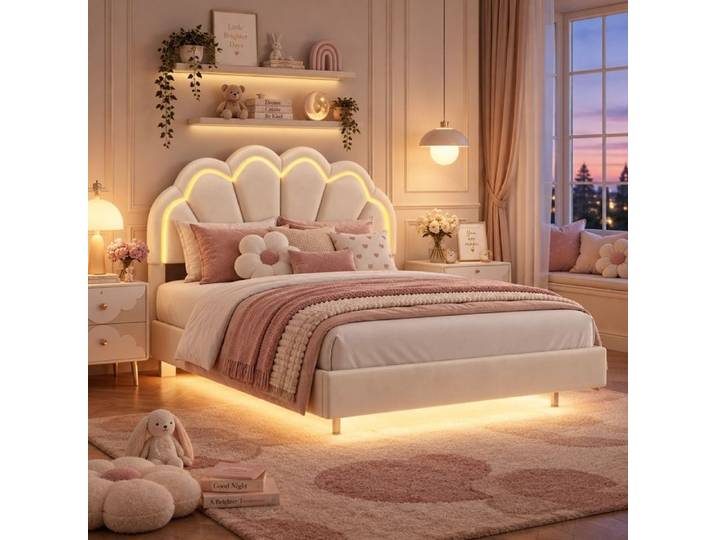 Lit LED 140x200 cm Beige en Velours Lit Flottant avec Tête de Lit Rembourrée Cadre de Lit 140x200 avec Sommier pour Adulte Fille