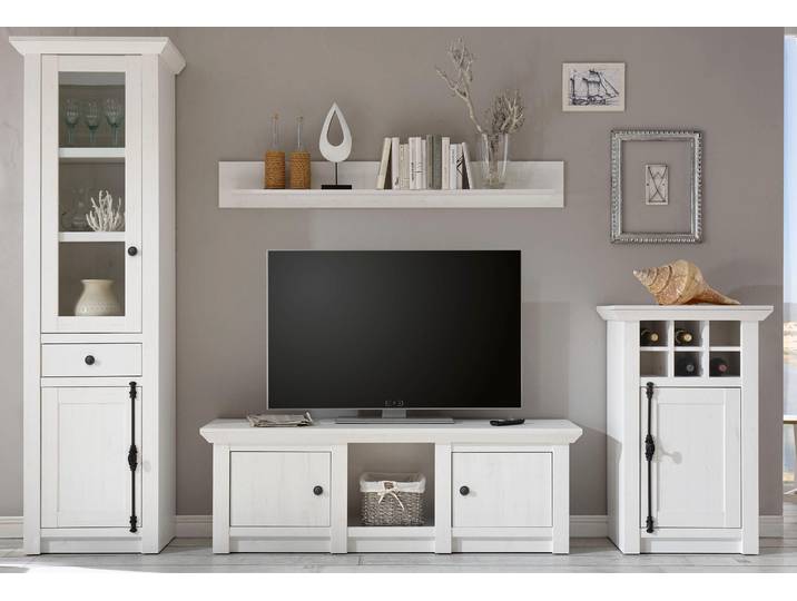 Wohnwand HOME AFFAIRE California , weiss (pinie weiß nachbildung, pinie weiß nachbildung), B:298cm, Kastenmöbel-Sets, Wohnwand, bestehend aus Vitrine, Lowboard, Wandregal, Kommode