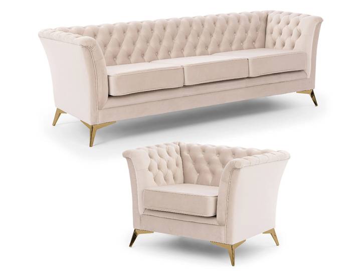 S-Style Möbel Whitby - Chesterfield Luxus Polstergarnitur 3+1 Sofa aus Samt mit goldenen, silbernen oder schwarzen Füßen - Beige