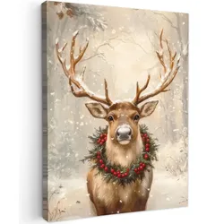LEINWANDBILD Weihnachten - Rentier - Winter - Kranz Wandbild Wohnzimmer 60x80 cm