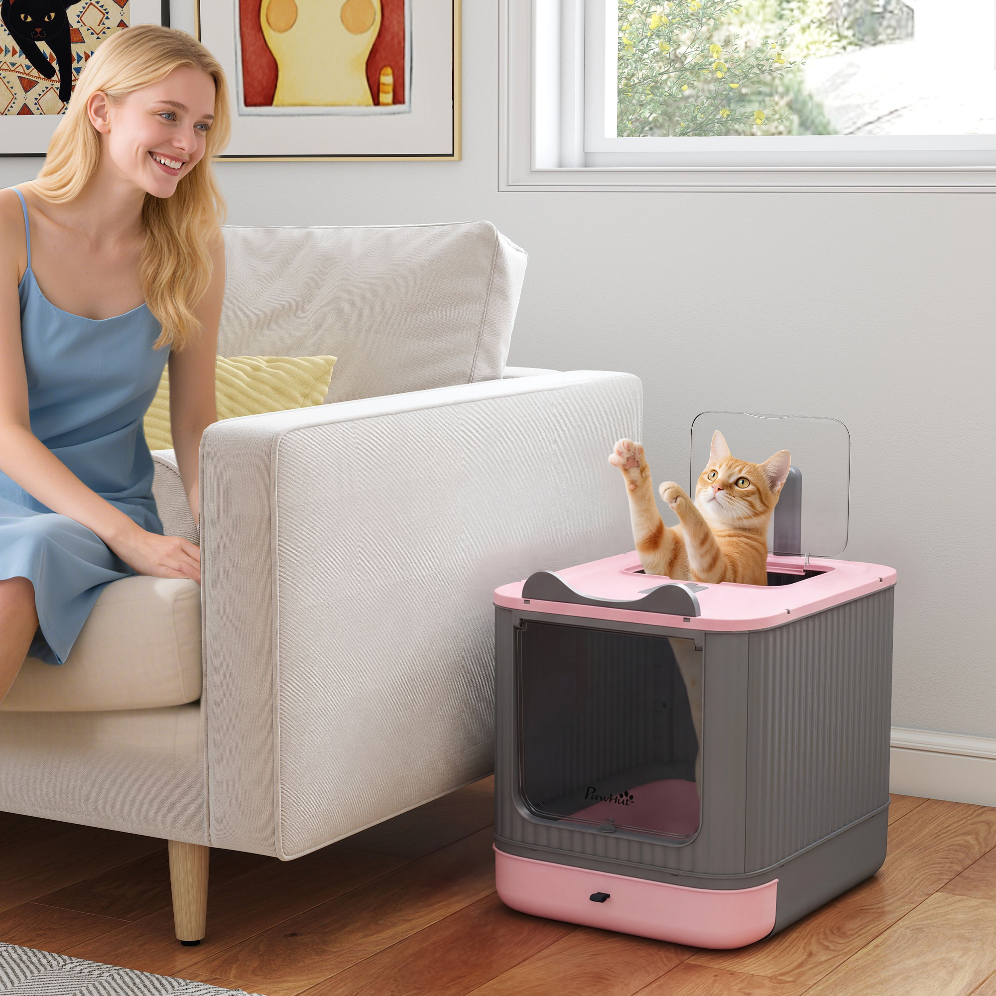 Pawhut Lettiera coperta con uscita superiore, paletta e sacchetti deodoranti, 44,5x34,5x40,5 cm, rosa   Aosom Italy