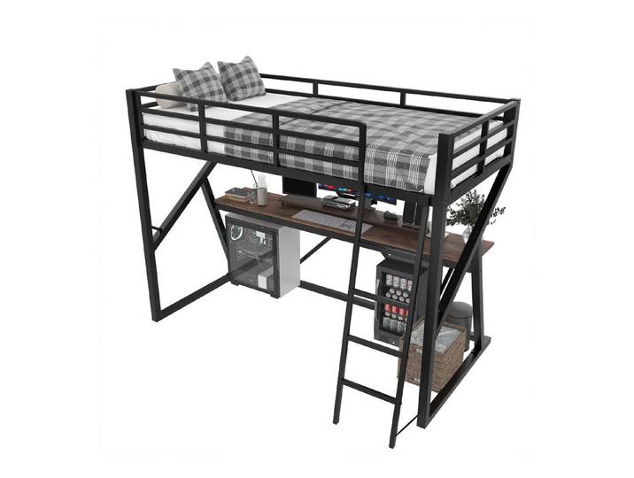 OKWISH Kinderbett Hochbett Metallbett (90x200 cm mit LED, Treppe & Schreibtisch, Sicheres Spiel-, Lern- & Schlafparadies aus Metall & MDF), ohne Matratze
