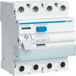 Hager FI-Schutzschalter, A, 4p, 400V, 40A, 0,03A, 4TE, DIN-Schiene (REG), 1,5kA, 0,25kA/stoß