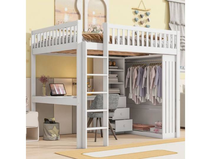 Lit mezzanine enfant - MERAX - 140x200 cm - Pin massif & MDF - Bureau intégré - Armoire + 3 tiroirs