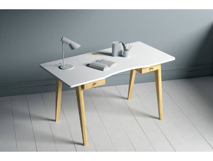 Schreibtisch WOODMAN Nice , weiss (weiß, eichefarben, weiß), B:140cm H:75cm T:70cm, Tische, Schreibtisch, im skandinavian Design, Tischbeine aus massiver Eiche, FSC