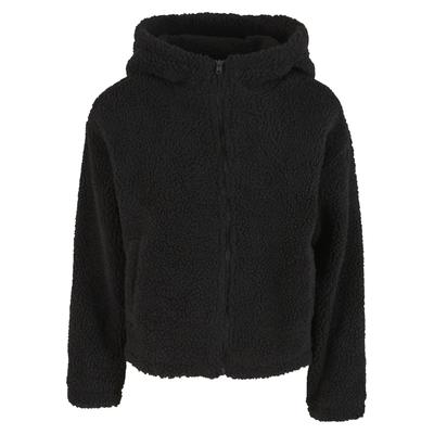 Langmantel URBAN CLASSICS "Urban Classics Ladies Short Hooded Sherpa Jacket", Damen, Gr. M, schwarz, 100% Polyester, Mäntel