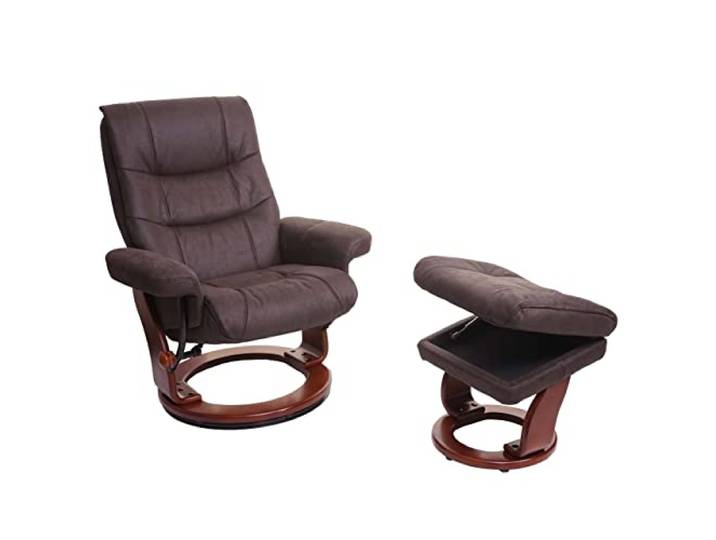 MCA Relaxsessel HWC-J42, Fernsehsessel TV-Sessel Hocker, Stoff - schwarz-braun Wildleder-Imitat, Gestell Walnuss-Optik