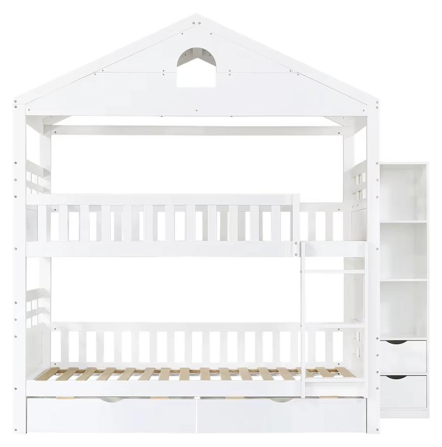 Hausförmiges Etagenbett - Kinderbett für 2 Kinder - 90 x 200 cm - Leiter - 2 große Schubladen - Seitenschrank - Sicherheitsgitter - Weiß