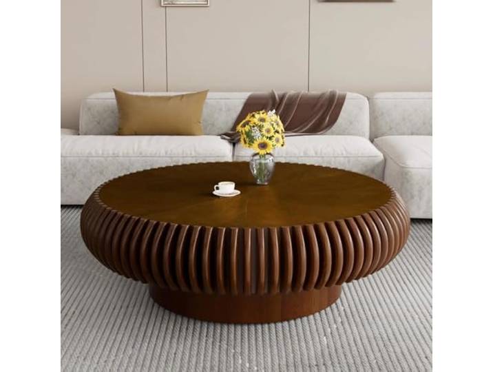 ZUOWENYG Natur Runder Trommel-Couchtisch mit Rillen (Natur,Runder,100CM) Massivholz Boho Wohnzimmertisch, Minimalistischer Niedriger Mitteltisch