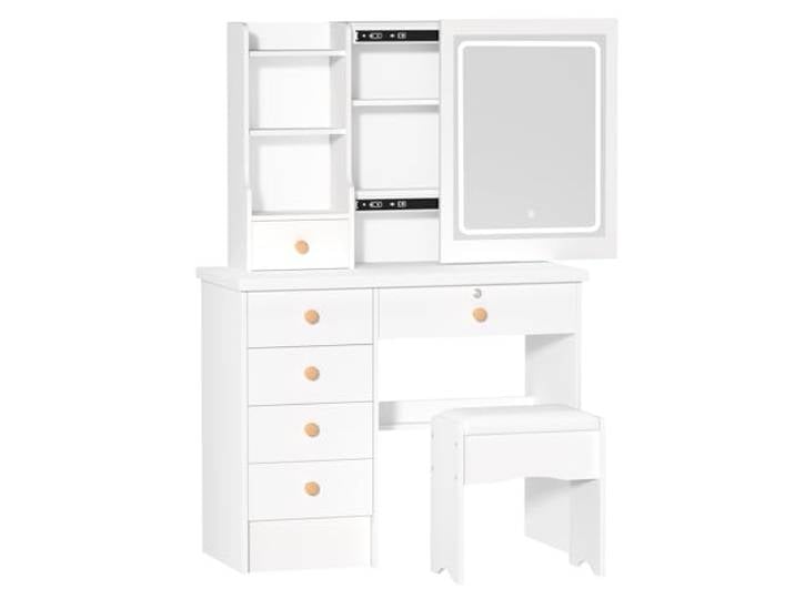 Fiauli Schminktisch, 80 x 36 x 132 cm, mit einstellbarer 3-farbiger Helligkeitseinstellung, beleuchteter Spiegel, Schminktisch-Set mit 6 Schubladen und versteckten Aufbewahrungsregalen