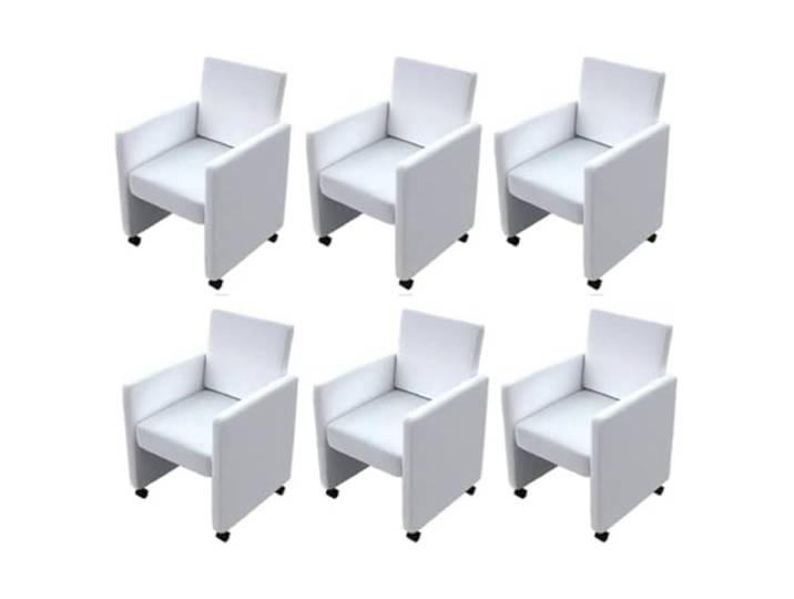 KDVXBCQJH 6er Set Esszimmerstühle Weiß Kunstleder mit Rollen Ergonomische Armlehnstühle mit weicher Polsterung und 4 wendigen Rollen für optimalen Komfort im Esszimmer oder Büro.