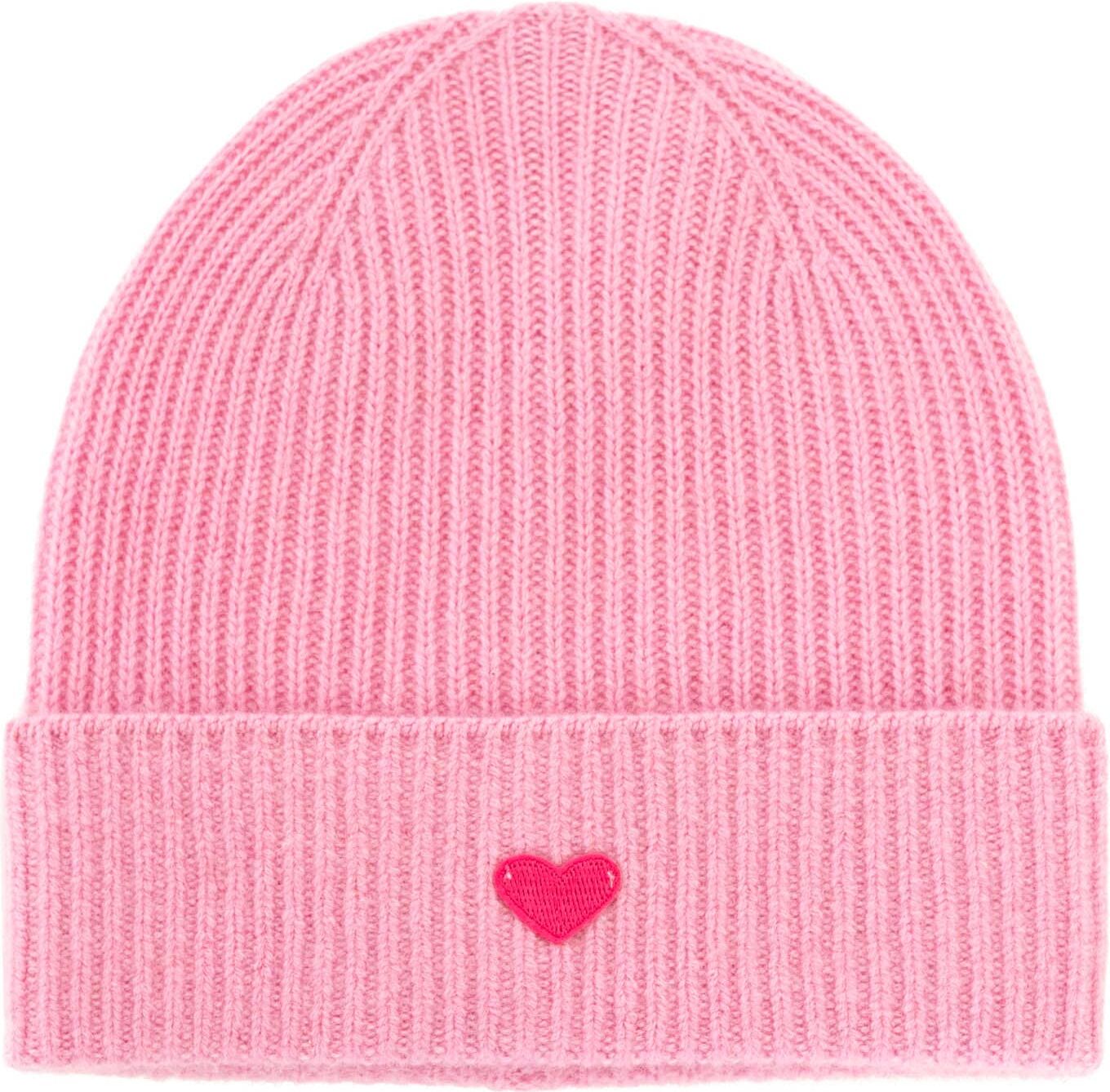 Strickmütze ZWILLINGSHERZ "100% Kaschmir "Herz", Damen, rosa, Obermaterial: 100% Kaschmir, Mützen Strickmütze, liebevolles Herzpatch, feine Rippenstruktur, mit Umschlag rosa Einheitsgröße