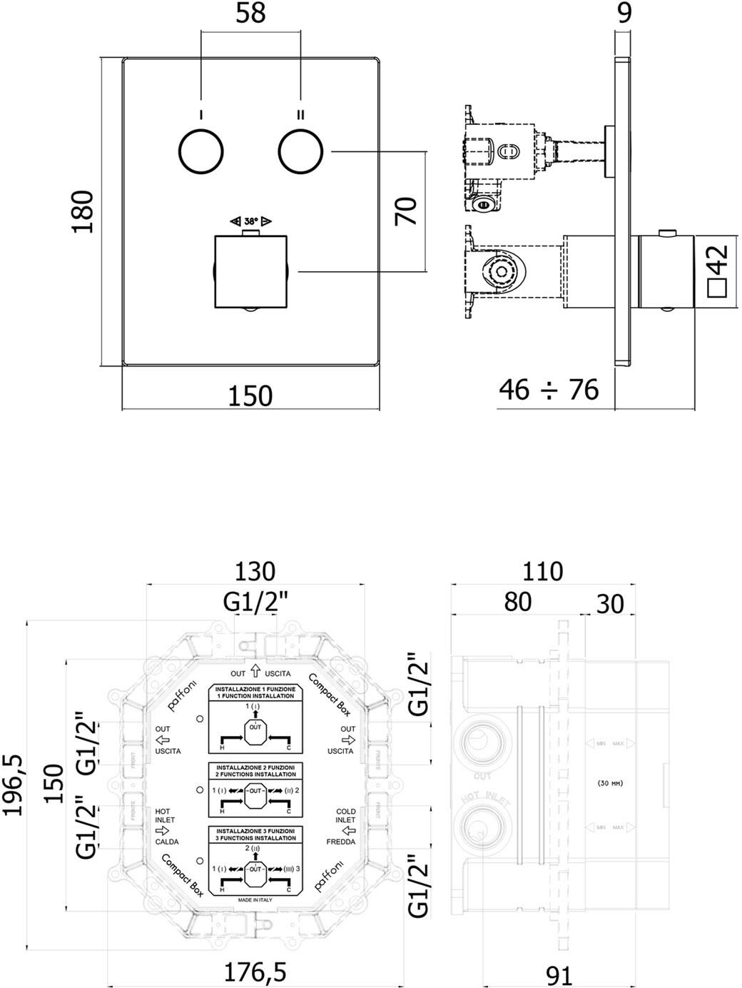 Kronenbach Smart Push Thermostat Unterputz für 2 Verbraucher, eckige Ausführung, inklusive UP-Box