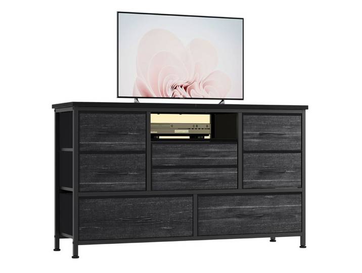 Commode 8 Tiroirs avec Prises & LED RGB pour TV 55  Meuble TV/Buffet d'Entrée 120cm Noir Industriel