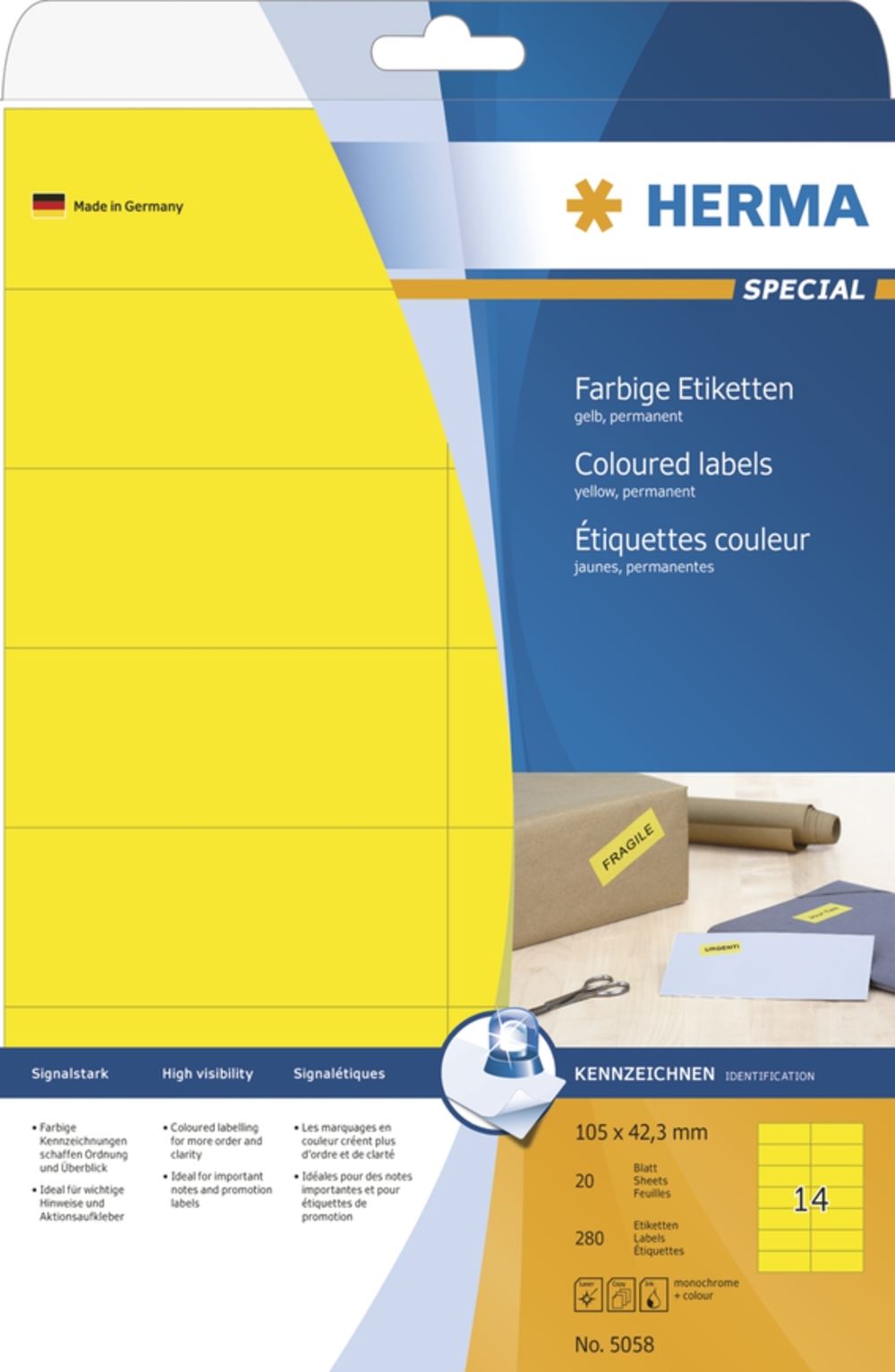 Herma 5058 gelb Universal-Etiketten 10.5x4.23 cm (20 Blatt (280 Etiketten))