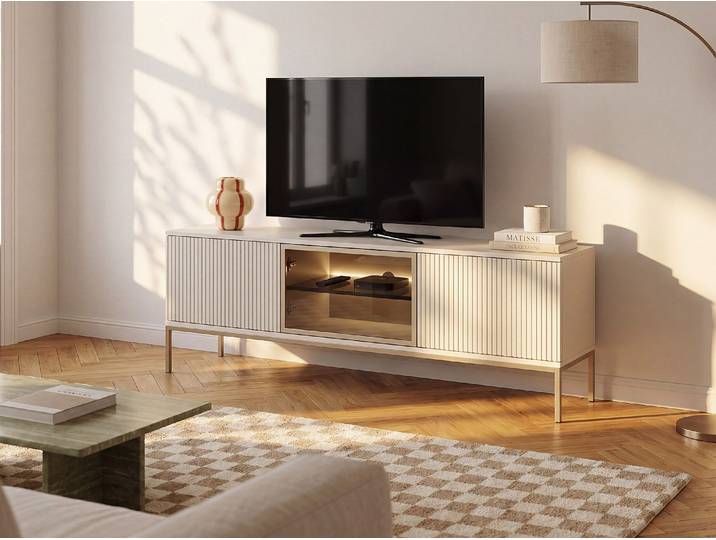 TV-Möbel - 3 Türen - mit LED-Beleuchtung - MDF & Rauchglas - Beige & Schwarz - OVILA