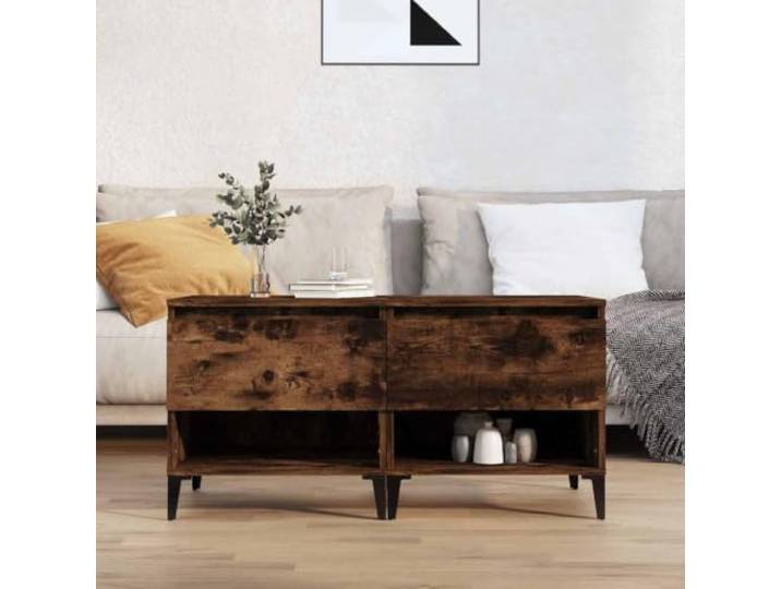 HKGNMBS Beistelltische 2 Stück Eiche Rauchgrau 50 x 46 x 50 cm aus Mehrschichtiges Holz, Metall, 1 Schublade und 1 Fächer, Tischplatte, Füße aus Metall, Industrie-Stil, 2 Beistelltische