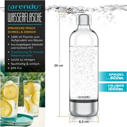 Arendo 2x Wassersprudler Flasche 1L für Soda Streamer, max. 900ml zum Sprudeln, 1000ml Füllmenge, Wassersprudler Zubehör, Silber, Transparent