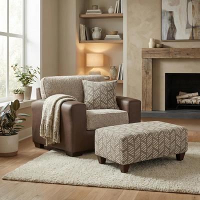 Roundhill Furniture Marvella 2-Piece Living Room Set, Chair and Ottoman, Chocolate Faux Leather and Curly Shearling Upholstery