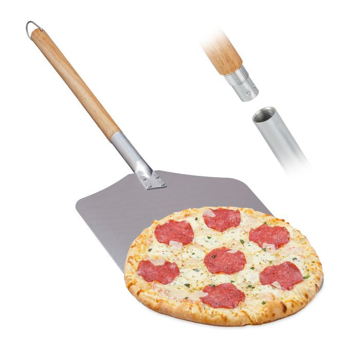 Relaxdays Pizzaschep Aluminium met Houten Steel, Vierkant, Zilver/Bruin, 30,5 x 30,5 cm