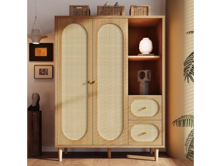 RAPRAP Kleiderschrank Klein Eichenfurnier mit Rattan & Schubladen, 2 Türen Kleiderschrank mit Offenen Regalen, 5 Massivholzbeinen, Kippsicherung für Schlafzimmer & Flur, 161x120x44cm,Eiche,D