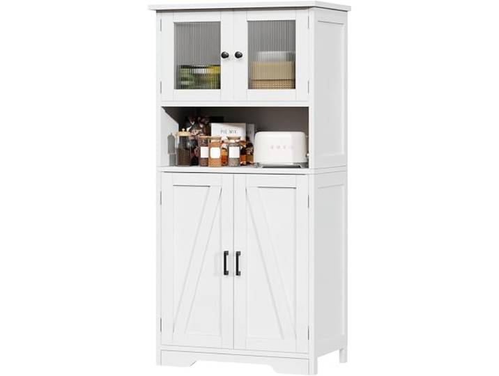 GarveeMore 127 cm hoher Badezimmerschrank, freistehender Badezimmer-Aufbewahrungsschrank mit 4 Türen und verstellbaren Einlegeböden, moderner Schrank für Küche, Vorratsraum und Wohnzimmer, Weiß