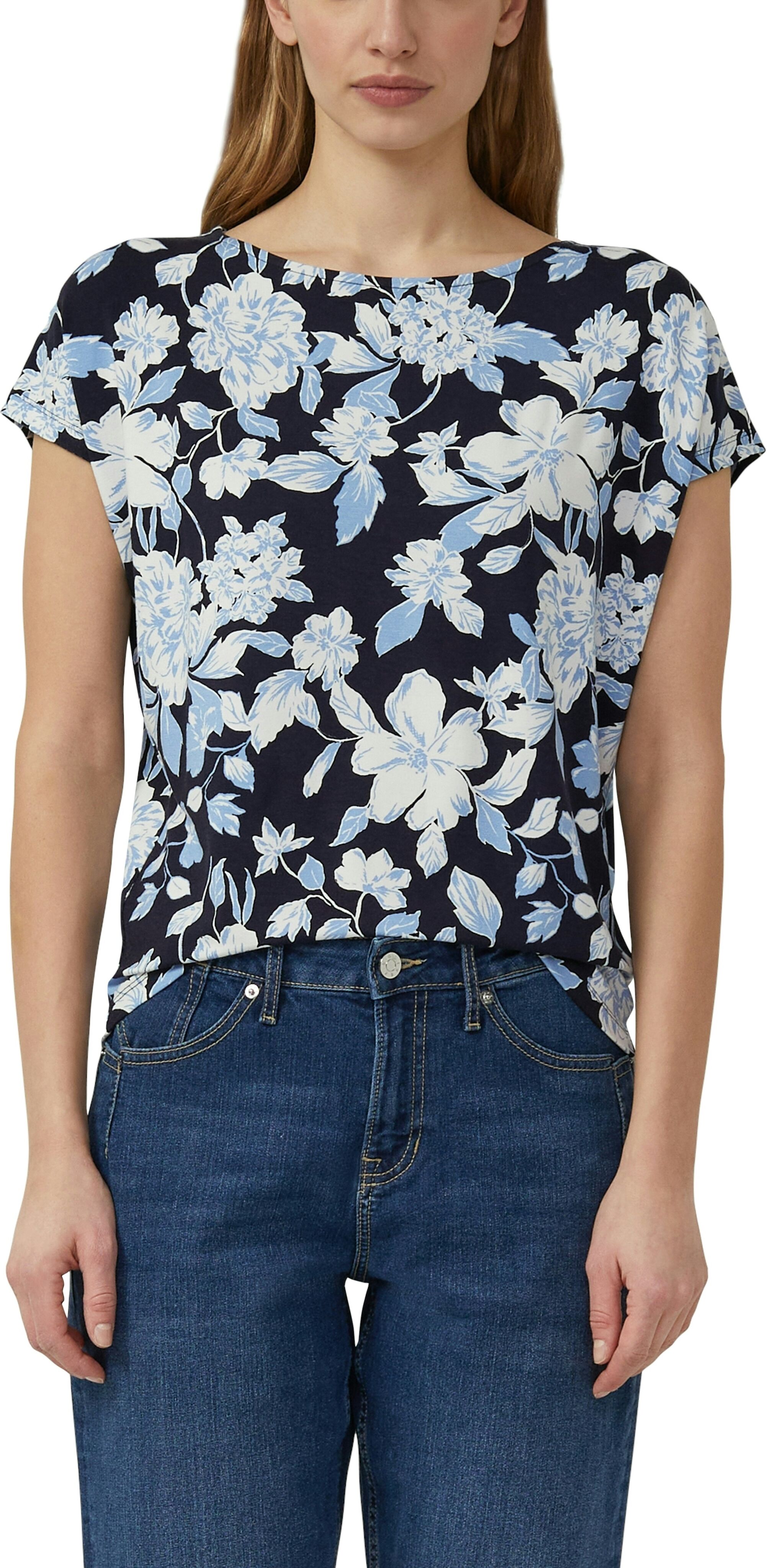 Kurzarmshirt S.OLIVER, Damen, Gr. 38, blau (navy aop), Jersey, Obermaterial: 95% Viskose, 5% Elasthan, gemustert, normal hüftbedeckend, Rundhals, abgesteppte Kante, Shirts Kurzarmshirt, Sommershirt mit grafischem Muster navy aop 38