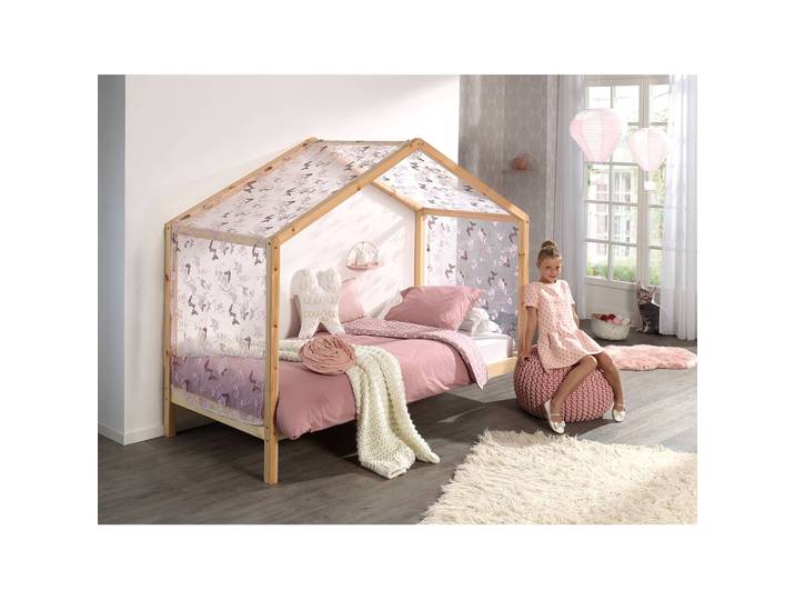 Hausbett Dallas 3 90 x 200cm Braun/Kiefer mit Vorhang